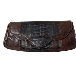 Vintage Dark Brown Snakeskin Flap Clutch Handbag 10 X 4” Elegant Going Out